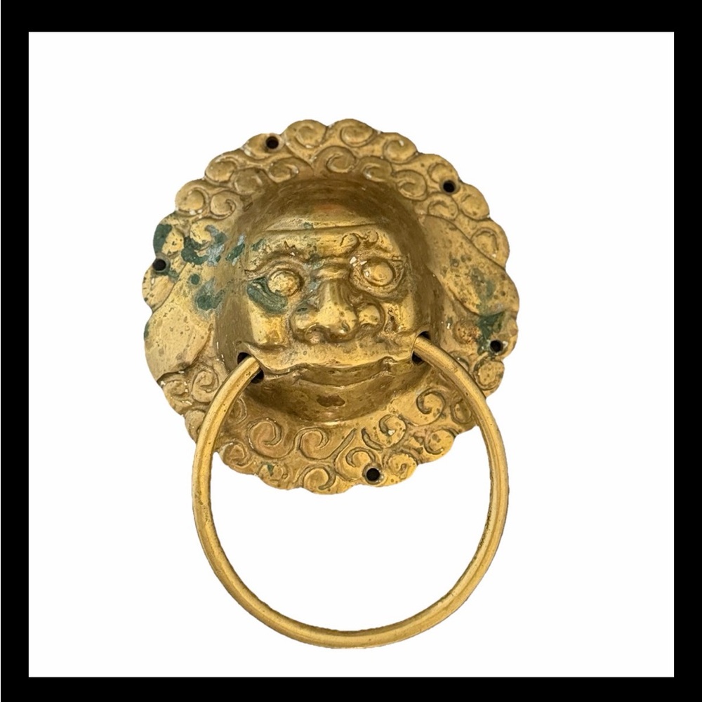 Vintage 1970s Large Brass Metal Chinoiserie Dragon Foo Dog Door Knocker